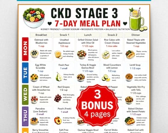 CKD Stage 3 Meal Plan Printable, Kidney Friendly Diet Plan PDF, Renal Diet Food List, Grocery List, Low Sodium Food Chart, Meal Planner