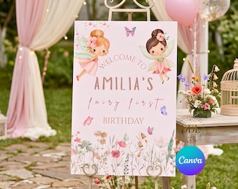 Letrero de bienvenida para el primer cumpleaños de hadas / Letrero de jardín de hadas para niña de 1er cumpleaños Plantilla editable de Canva / Decoración para fiestas / Descarga digital