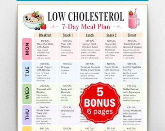 Low Cholesterol 7 Day Meal Plan Printable | Heart Healthy Food Chart, Low Cholesterol Diet, Grocery List, Weekly Meal Planner & Recipe Cards