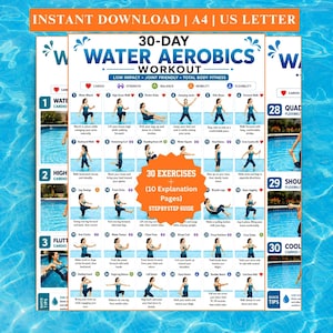 30 Day Water Aerobics Workout Challenge, Printable Pool Fitness Plan PDF, Low Impact Aqua Exercise Guide, Beginners & Seniors, A4 + Letter