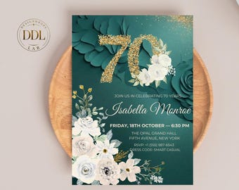 Luxury Floral 70th Birthday Invitations, Green Gold Milestone Birthday Celebration Men or Women, Instant Download, Canva Editable Template