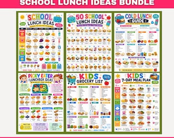 Kids School Lunch Ideas Printable Bundle, Easy 50 Lunch Ideas, Cold Lunch Guide,Picky Eater Lunchbox,Meal Planner & Grocery Lists,Food Chart