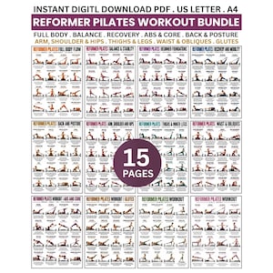 Pilates Reformer  Workout Bundle, Pilates Reformer Exercise Charts PDF, 15 Printable Full Body Glutes Abs Core Upper Lower Body, Home Studio