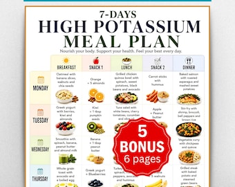 High Potassium 7 Day Meal Plan Printable PDF,Potassium Rich Diet Printable,Potassium Rich Foods Grocery List,Weekly Meal Planner,Snack Guide
