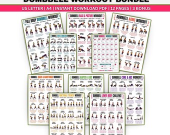Full Body Dumbbell Workout Bundle Printable, Arms Legs Glutes Back Chest Core Exercise Charts,12 Fitness Home Workout Poster for Women & Men