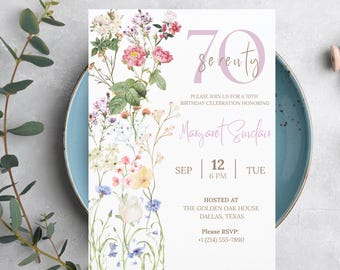 70th Birthday Invitation Template, Floral Elegant Canva Editable Invite for Women, 70 Years Loved Party Invite, Printable Digital Download
