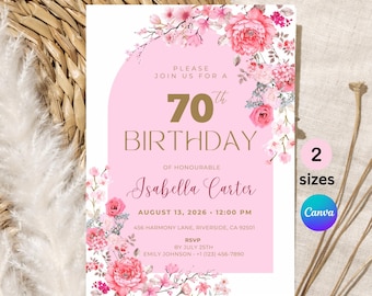 Floral 70th Birthday Invite for Women, Elegant Editable Canva Birthday Template, 70 Years Loved Party Invitation, Printable Digital Download