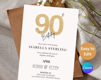90th Birthday Invitation, Elegant Golden Ninetieth Celebration, Born in 1935 Party Mobile invite, Instant Download, Canva Editable Template
