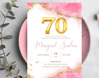 Luxury 70th Birthday Invitation Template Canva Editable, Pink & Gold elegant Party Invite 5x7" and Evite Instant digitaldownload