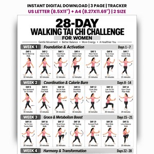 Könnte beinhalten: Ein 28-Tage-Tai-Chi-Geh-Challenge-Tracker-Dokument mit schwarzem Text auf weißem Hintergrund. Es enthält tägliche Übungsanleitungen mit Illustrationen einer Person in rosa T-Shirt und schwarzer Leggings, im A4-Format 21x29,7 cm.