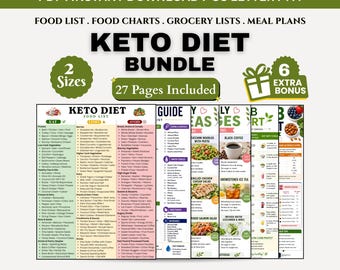 Keto Diet Bundle Printable, Keto Diet Food List, Low Carb Food Chart & Trackers, Keto Grocery Guide, Keto Meal Planner PDF, A4, US Letter