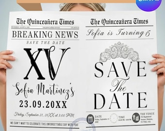 Quinceañera Save the Date Newspaper Canva Template | Mis Quince Años Newspaper invitation | Sweet 15 Photoshoot Prop | XV Save the Date