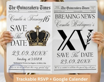 Sweet 16 Save the Date Newspaper Canva Template | Quinceañera Newspaper Invite | Quince Photoshoot | Sweet Sixteen Invitation | RSVP