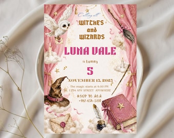 Wizard Birthday Invitation Canva Template Pink Magical Girl Party Invite | Editable Magic School Personalized Birthday Evite 5x7 Printable