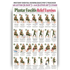 May include: A digital PDF tracker titled Plantar Fasciitis Relief Exercises, available in US Letter 8.5x11 inches and A4 8.27x11.69 inches. The chart displays 28 numbered illustrations of a person in green clothing performing various physical therapy movements.