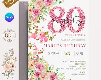Elegant Floral 80th Birthday Invitation, Editable Floral 80th Party Invite, Eighty Years Old Celebration, Canva Editable Digital Download