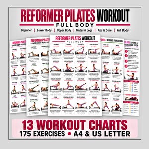 Puede incluir: Una colección de 13 tablas de ejercicios de Pilates en Reformer con 175 movimientos. Los pósteres muestran varias posturas con instrucciones, repeticiones e ilustraciones de una persona en una máquina Reformer. El texto incluye Reformer Pilates Workout, Full Body y 13 Workout Charts 175 Exercises A4 & US Letter.