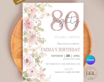 80th Birthday Invitation, 80 Years Celebration Party Invite, Canva Editable Template, Elegant Floral Invite, Printable Digital Download