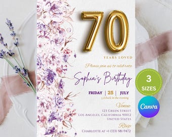 70th Birthday Invitation, Blush Floral Canva Template, 70th Birthday Card, 70th Birthday Gifts for Women, Printable Instant DigitalDownload