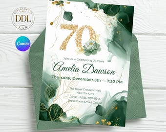 Luxury 70th Birthday Invitation Template Canva Editable, Green & Gold Floral Party Invite 5x7" and Evite Instant Download