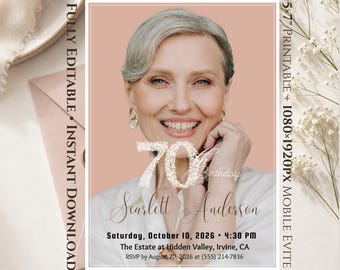 70th Birthday Invitation Template With Photo Editable Canva Birthday Invite 70th Birthday Gift Printable 5x7 & Mobile Evite DigitalDownload
