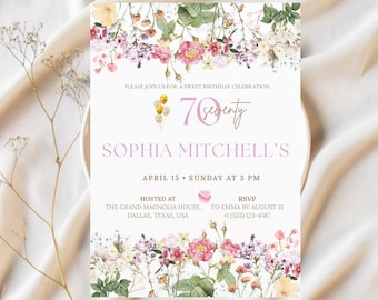70th Birthday Invitation Template, Pink Floral 70 Years Loved Evite, Editable Canva Invite, Printable 5x7, 5x5, Mobile evite DigitalDownload
