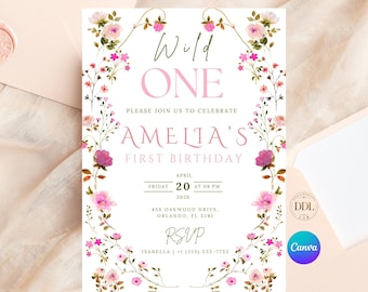 Wildflower 1st Birthday Invitation Template, Editable Wild One Girl Birthday Invite Canva, Floral First Birthday Party, Digital Download