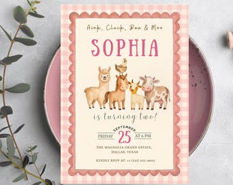Pink Farm Birthday Invitation Canva Template | Girl Barnyard Party Animals Invite 2nd Birthday Editable Farm Theme Digital Download