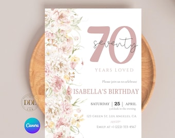 70th Birthday Invitation Template, Floral Elegant Canva Editable Invite for Women, 70 Years Loved Party Invite, Digital Download