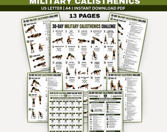 30-Day Military Calisthenics Workout Plan, Full Body Bodyweight Challenge, Bootcamp Style No-Equipment Home Fitness Workout Printable Poster