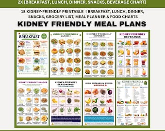 Kidney Disease Meal Plan Printable | Renal Diet Food Ideas PDF | CKD Meal Planner | Low Sodium Kidney Diet Grocery List Snack Ideas & Meals