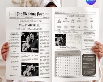 Newspaper Wedding Program Template, Editable Double Sided Wedding Program, Wedding Program Template, Wedding Puzzle, Canva Editable DIY
