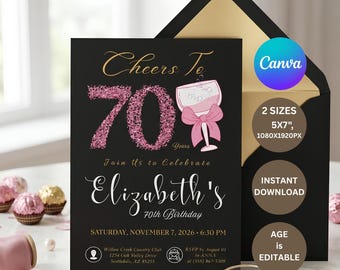 70th Birthday Invitation Template, Champagne Birthday Invite, Black and Gold 70th Birthday Invitation, Editable Digital Download, Gift Women