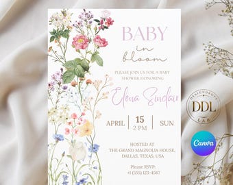 Baby In Bloom Baby Shower Invitation Template, Editable Floral Baby Shower Invite Canva, Spring Wildflower Evite Printable Digital Download