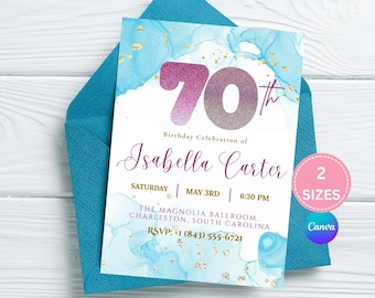 70th Birthday Invitation Template, Luxury Elegant Canva Editable Invite for Women, 70 Years Loved Party Invite, Printable Digital Download