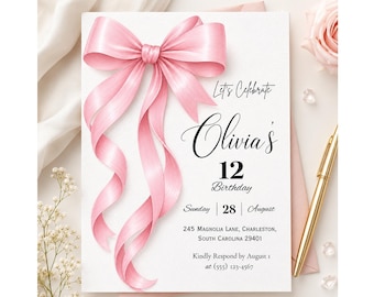 Pink Bow Birthday Invitation | Coquette Birthday Party Invite | Elegant Girl's Birthday Template | Editable Canva Evite | DigitalDownload