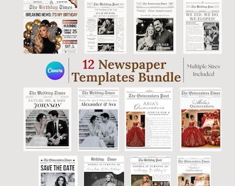 Newspaper Template Bundle, Wedding Newspaper, Quinceañera Save The Date, Birthday Newspaper, Elopement Announcement,Whole Shop Bundle
