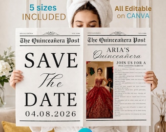Quinceañera Save the Date Newspaper Template, Canva Editable Birthday Newspaper, Custom Newspaper, Photo Prop Keepsake, Digital Download