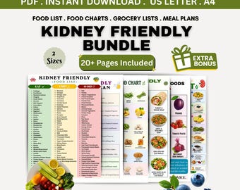 Kidney Disease Food List Bundle Printable | Renal Diet Chart | Kidney Diet Food Chart | Kidney Friendly Food List | CKD Diet Bundle PDF