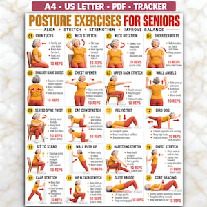 May include: A digital poster titled Posture Exercises for Seniors featuring twenty numbered illustrations of people performing various physical movements. Each section includes text instructions and repetition counts for exercises like chin tucks, stretches, and core bracing.