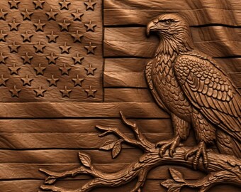 Águila calva con bandera estadounidense en relieve 3D (archivo STL), descarga digital para tallado CNC patriótico.