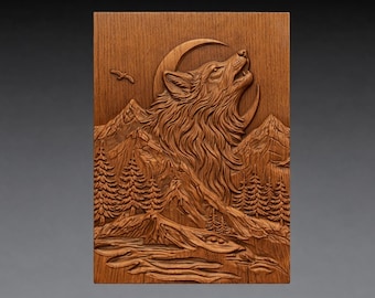 Berglandschaft Wolf Howling Moon STL, Nachtlandschaft Wildtiere CNC Carving Modell (Digitaler Download)