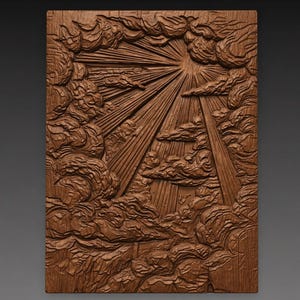 May include: A rectangular wooden relief carving showing a sunburst breaking through clouds. The sun's rays are carved in linear patterns, radiating from a central point. The clouds are textured and detailed, creating a sense of depth.