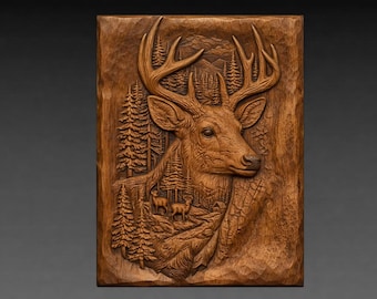 Ciervo de cola blanca macho en relieve 3D STL, modelo de tallado CNC de fauna silvestre rústica del bosque (descarga digital)