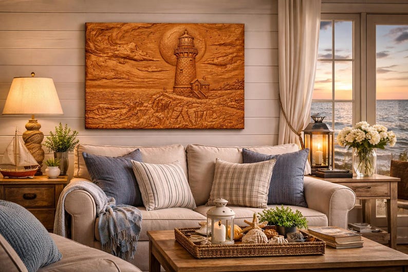 Stormy Lighthouse 3D Relief STL File, Coastal Moonlit CNC Carving Model ...