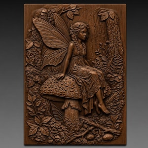 May include: A brown wooden relief carving depicting a fairy seated on a mushroom, surrounded by forest foliage. The fairy has large wings and is wearing a dress. The carving is highly detailed, with leaves and other plants.