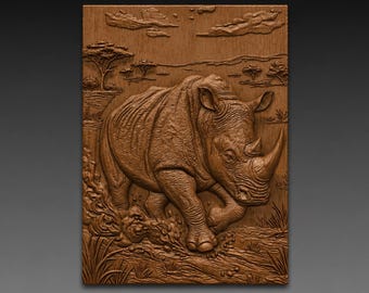 Charging Rhino 3D Relief STL File,  African Savannah Wildlife CNC Carving Digital Download