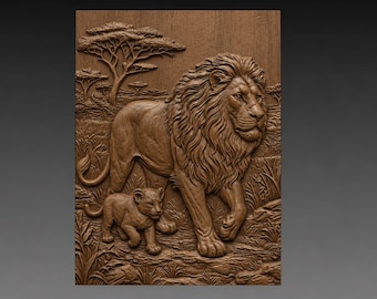 Lion Cub Savannah 3D Relief STL File, African Wildlife CNC Carving Digital Download