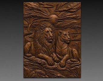 Lion at Savannah Sunset 3D Relief STL File for CNC Wood Carving