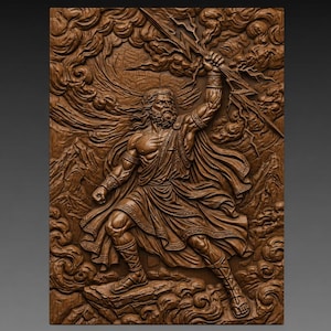 Könnte beinhalten: Eine detaillierte Holzreliefschnitzerei zeigt eine muskulöse Figur, möglicherweise Zeus, die Blitze hält. Das Kunstwerk zeigt einen bärtigen Mann in fließenden Gewändern vor dem Hintergrund von Wolken und Bergen. Die Schnitzerei ist in Brauntönen gehalten.